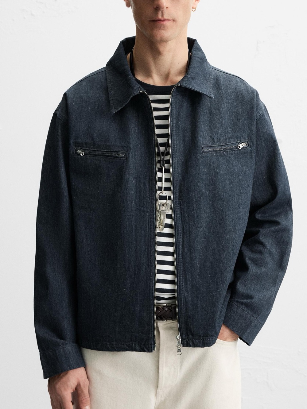 Zara Men Size L Blue Dark Wash Denim Cotton Casual Full Zip Jacket NWT